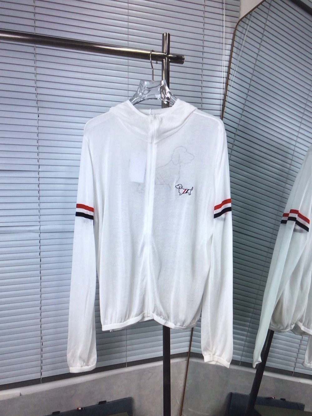 Thom Browne White Zip-Up Hoodie with Red & Blue Stripe Sleeves